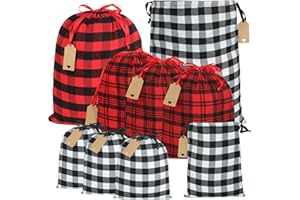 YQL Buffalo Plaid Drawstring Bags, 9PCS Xmas Gift Bags Christmas Drawstring Gift Bags Red and Black Buffalo Plaid Cloth Pouch