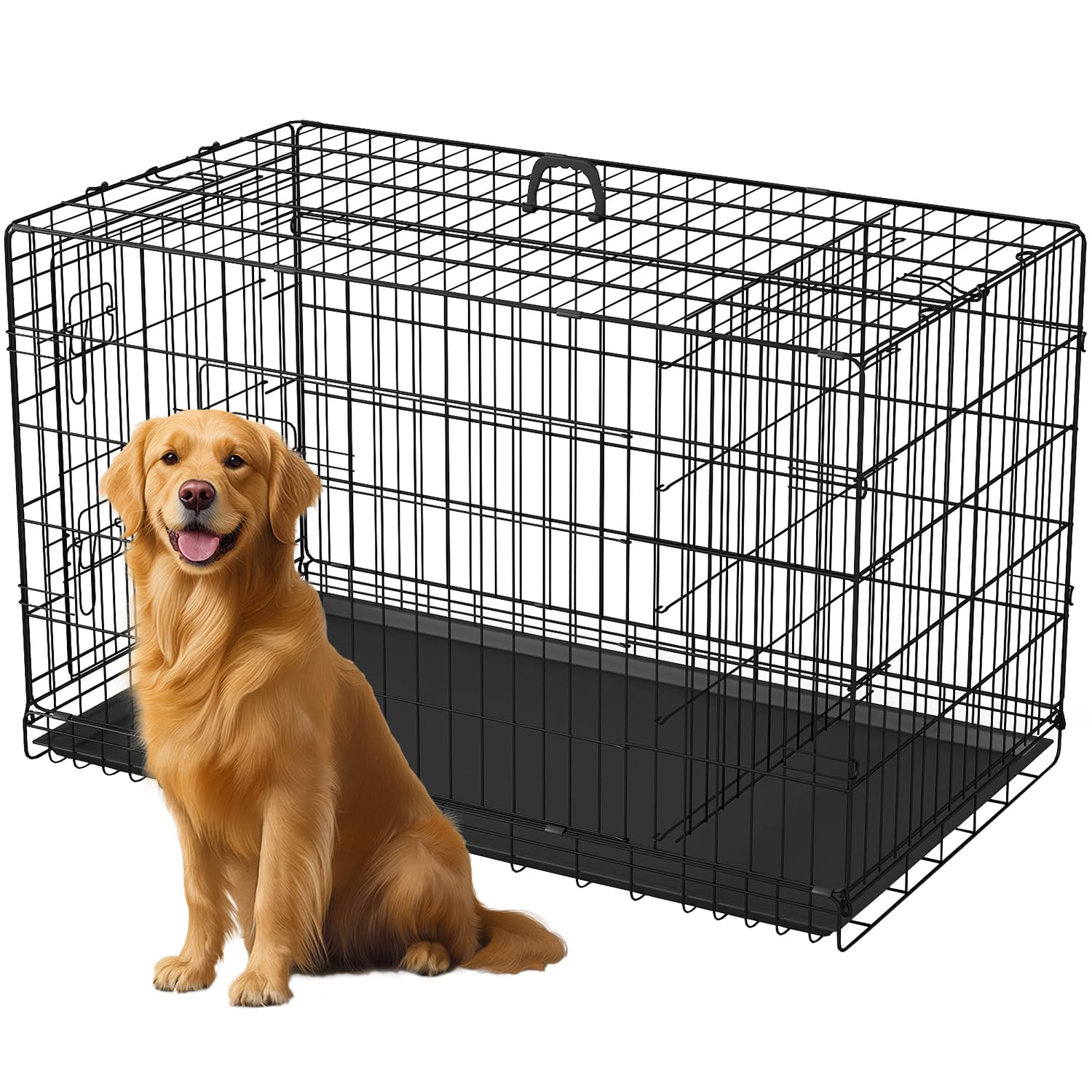 FDW Dog Crate 42-Inch Dog Cage Single Door Foldable Metal Kennel with Leakproof Tray Foldable Design Indoor Outdoor Use for Large Dogs,Dark Black Image