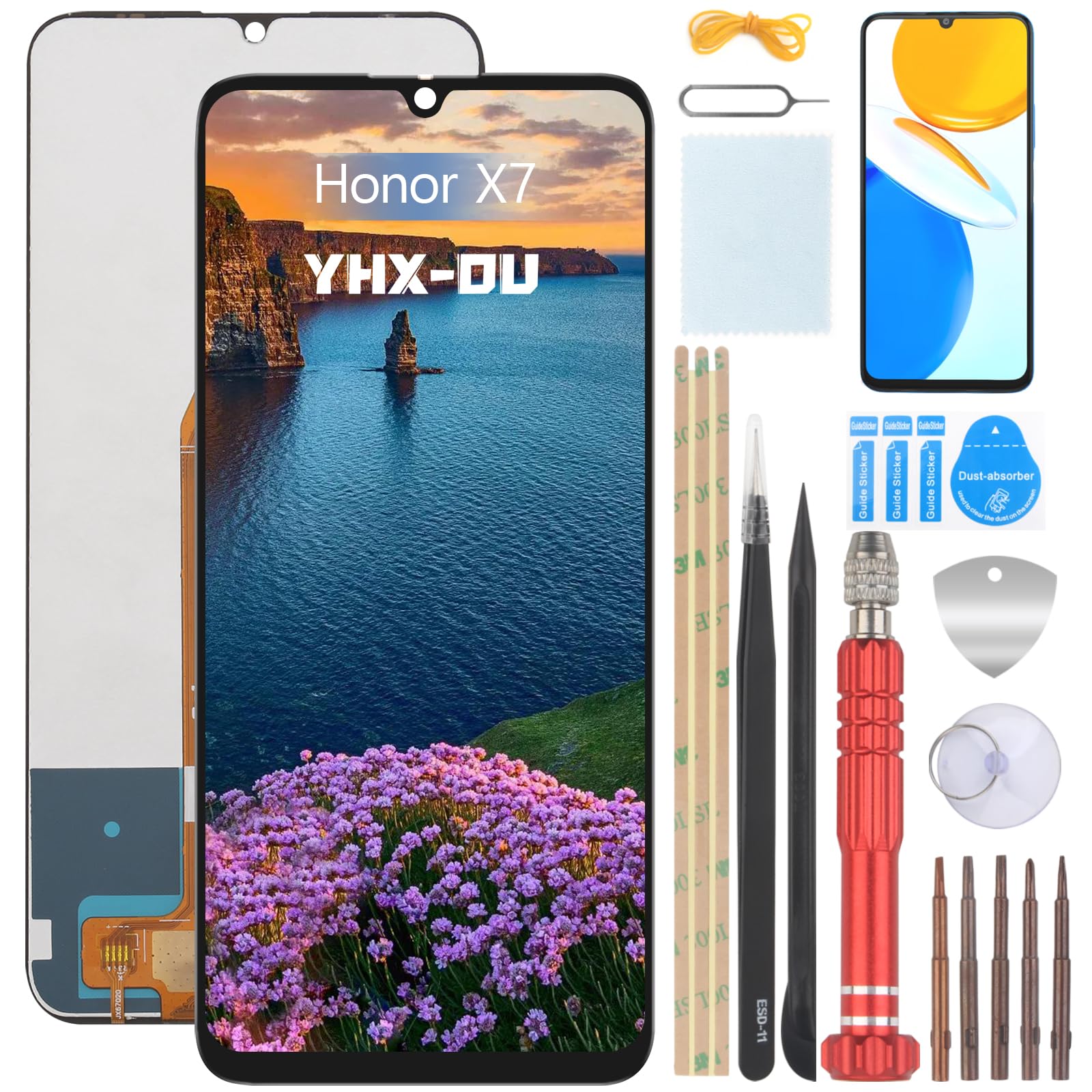 YHX-OU 6.74 Inch Black Display for Honor X7 CMA-LX2 CMA-LX1 CMA-LX3 LCD Display Touch Screen Replacement Screen Glass Assembly with Tools