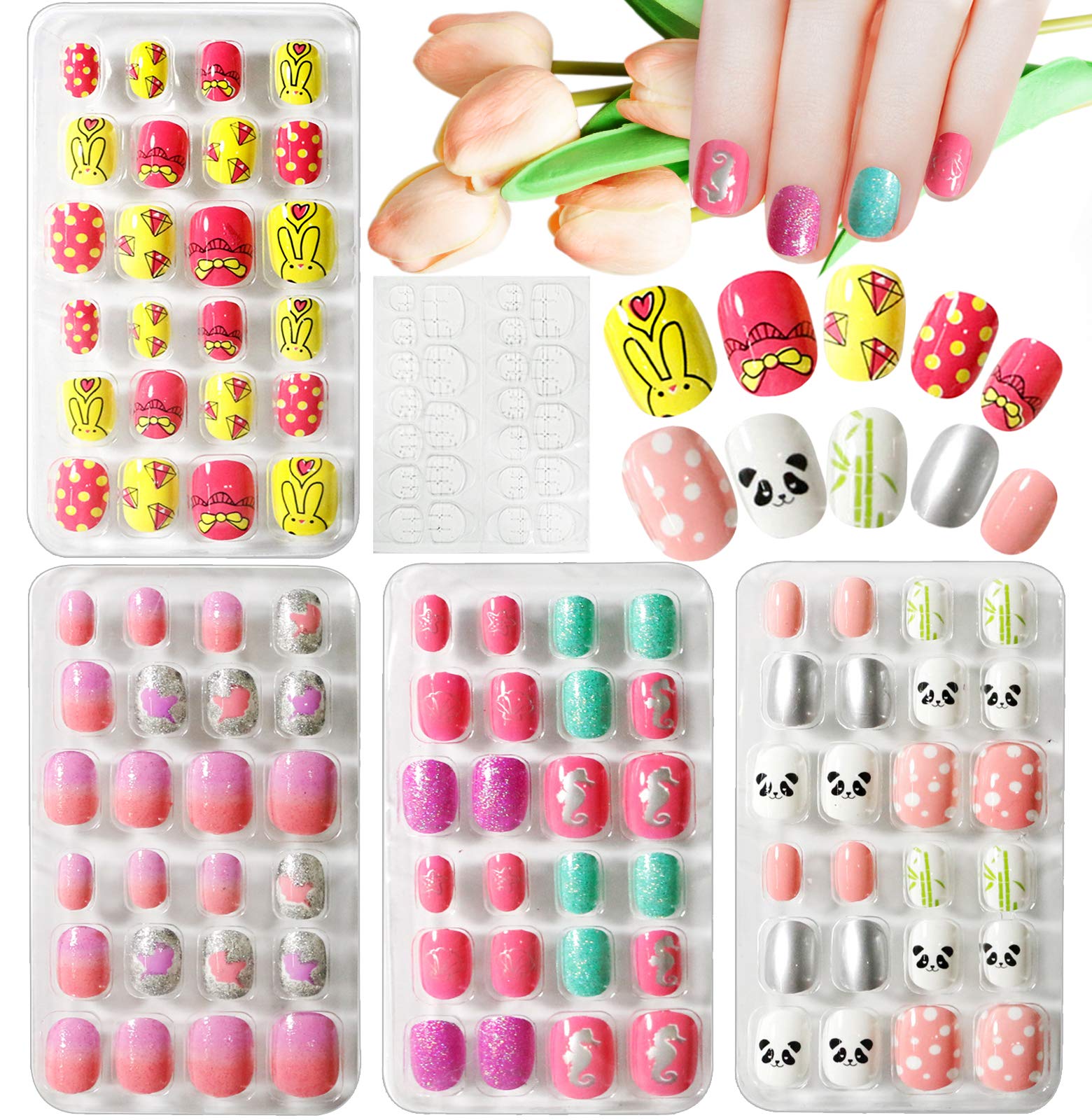 Kalolary 96PCS Kids False Nail, Children Nails Press on Pre-glue Full Cover Panda Bunny Pattern Short False Nail Kits with 1pcs Nail Glue Sticker, Lovely Gift for Kids Little Girls - D