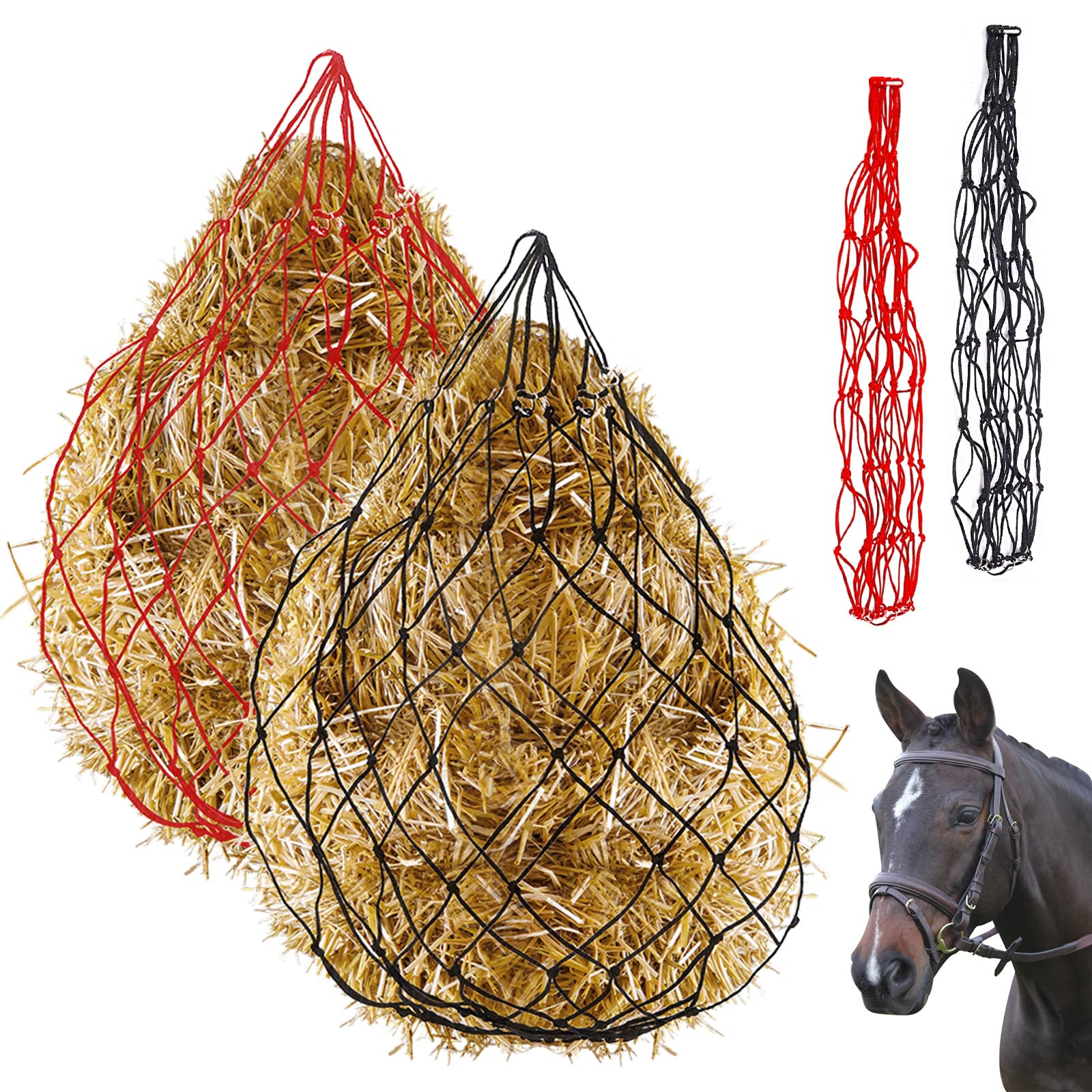 Glarks 2Pcs 36" Length with 5" x 5" Holes Nylon Ultra Slow Feed Hay Net, Black and Red Large Capacity Heavy Duty Poly Horse Hay Net Equine Feeding Bag for Trailer and Stall, Simulates Grazing