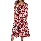 Zeagoo 3/4 Sleeve Women's Dress Casual Flowy A-Line Midi Tshirt Dresses with Pockets Crewneck Vocation Boho Beach Sundress