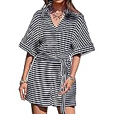 Yousify Womens Summer Casual Striped Rompers Short Sleeve Button Down Belted Elastic Waist Short Jumpsuit