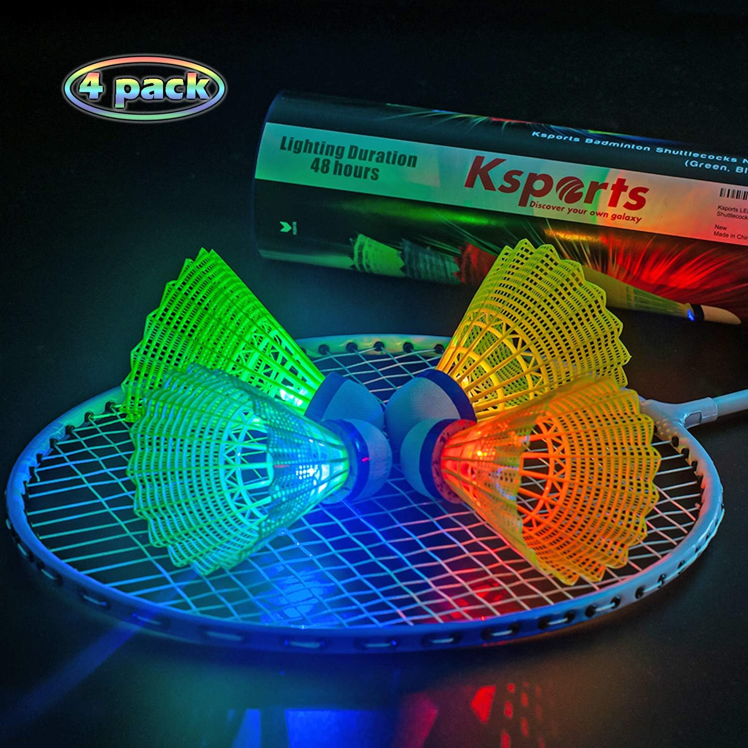 Ksports LED Badminton Shuttlecocks 4 Pack Tube − Glow in The Dark Lighting Birdies Shuttlecocks − with 4 Different LED Colors − Red Green Blue Yellow : Garden & Outdoor