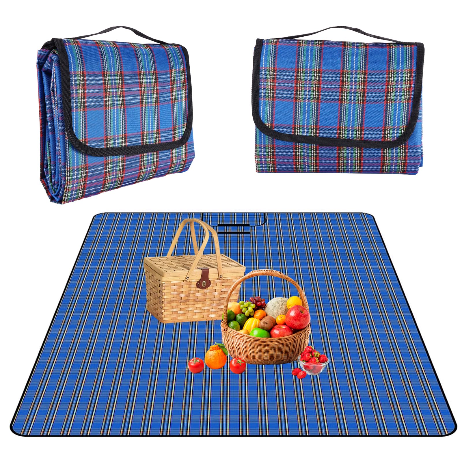 CooAooRoo Picnic Blanket Waterproof Beach Rug Blue Plaid Camping Blanket Beach Blanket Sandproof Strap Handle Foldable Picnic Blanket Pad For Hiking Outdoor Camping Park