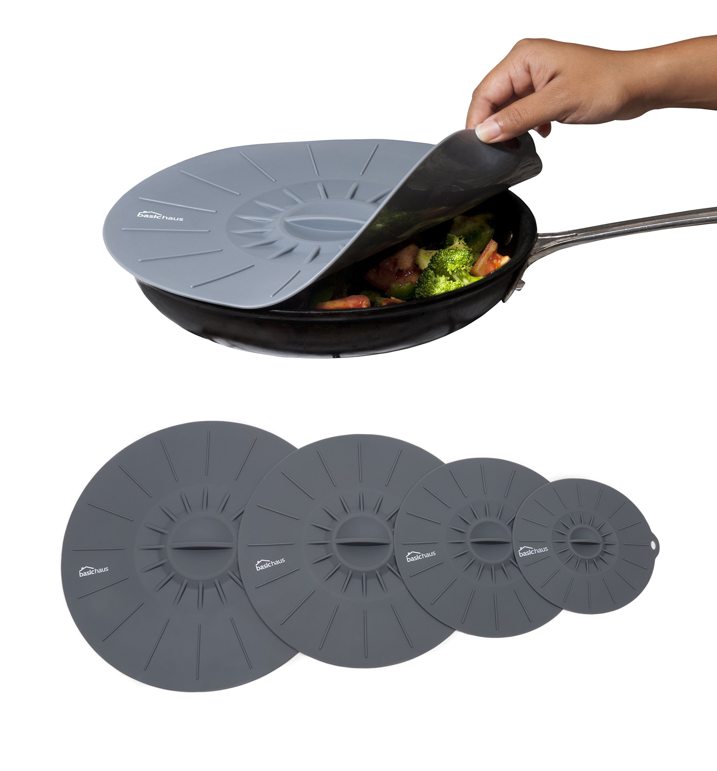Four Silicone Suction Lids - 6 Inch, 8 Inch, 10 Inch & 12 Inch - Dark Gray - Covers Bowls, Pots, Cans, Pans, Mugs, Cups & More - Bpa Free - Ideal For Food Storage - Reusable - Microwave And Oven Safe (784672218658)