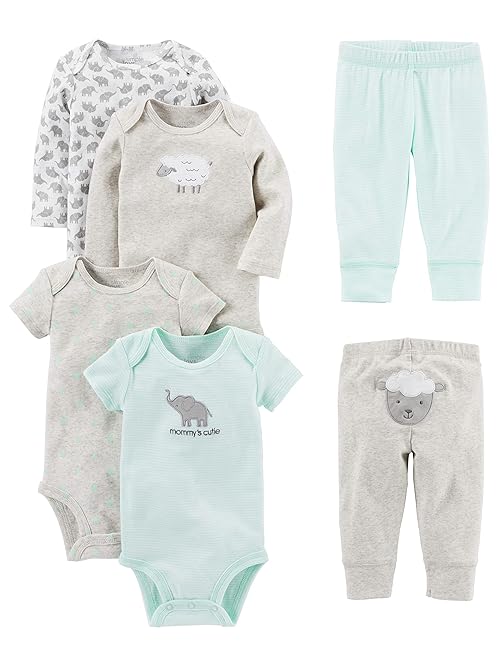 Simple Joys by Carter's Unisex Babies' 6-Piece Bodysuits (Short and Long Sleeve) and Pants Set, Grey/Mint Green/Elephant/Lamb, 24 Months