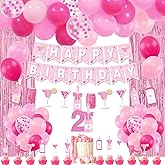 21st Birthday Decorations for Her, Pink Bottle Theme Happy Birthday Banner, Cake Topper, Curtain, Pink Confetti Balloons Garland for Women Girl Twenty-One Year Old Bday