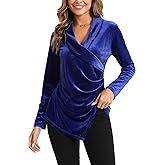 MOQIVGI Womens Long Sleeve Velvet Tops Dressy Elegant Cross Wrap V Neck Ruched Blouses