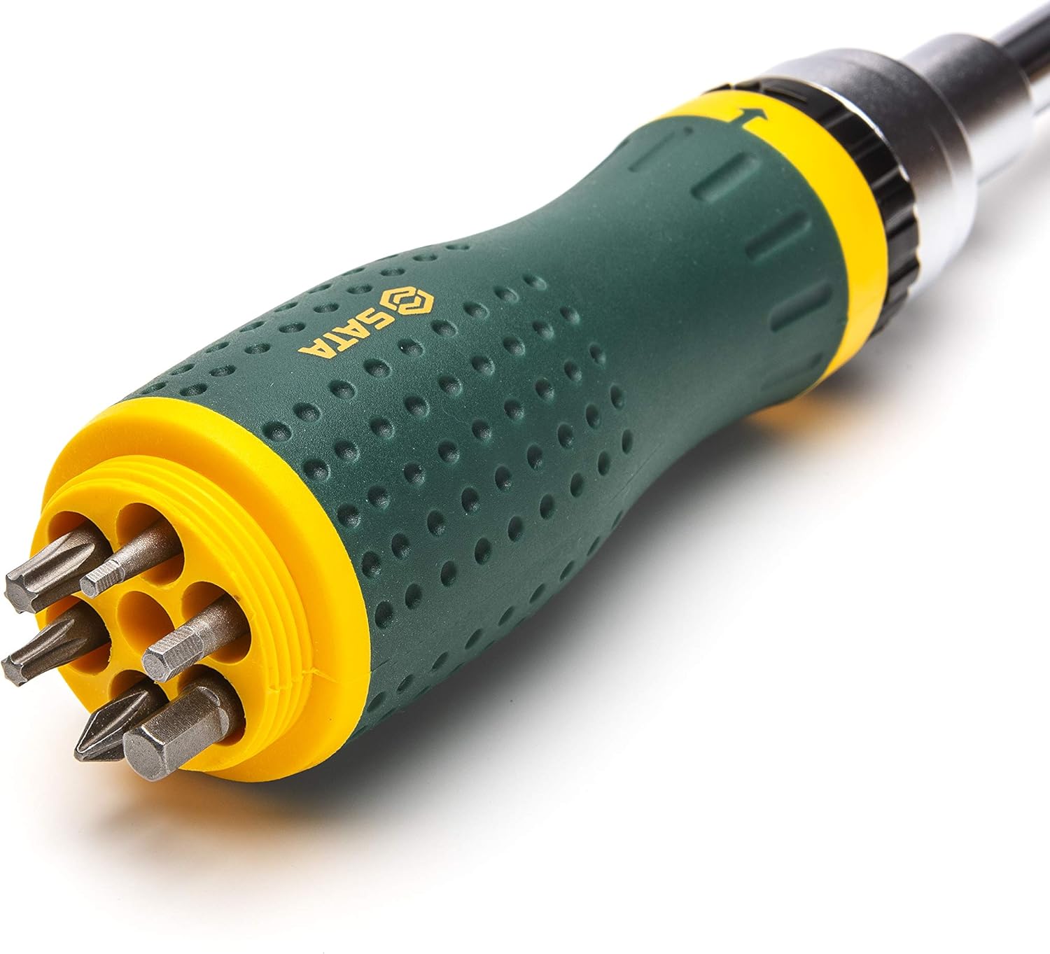 SATA 19-in-1 Multipurpose Ratcheting Screwdriver Set with 8 Double-Sided Bits and a Green and Yellow Oil-Resistant Handle - ST09350, 19 Piece - - 
