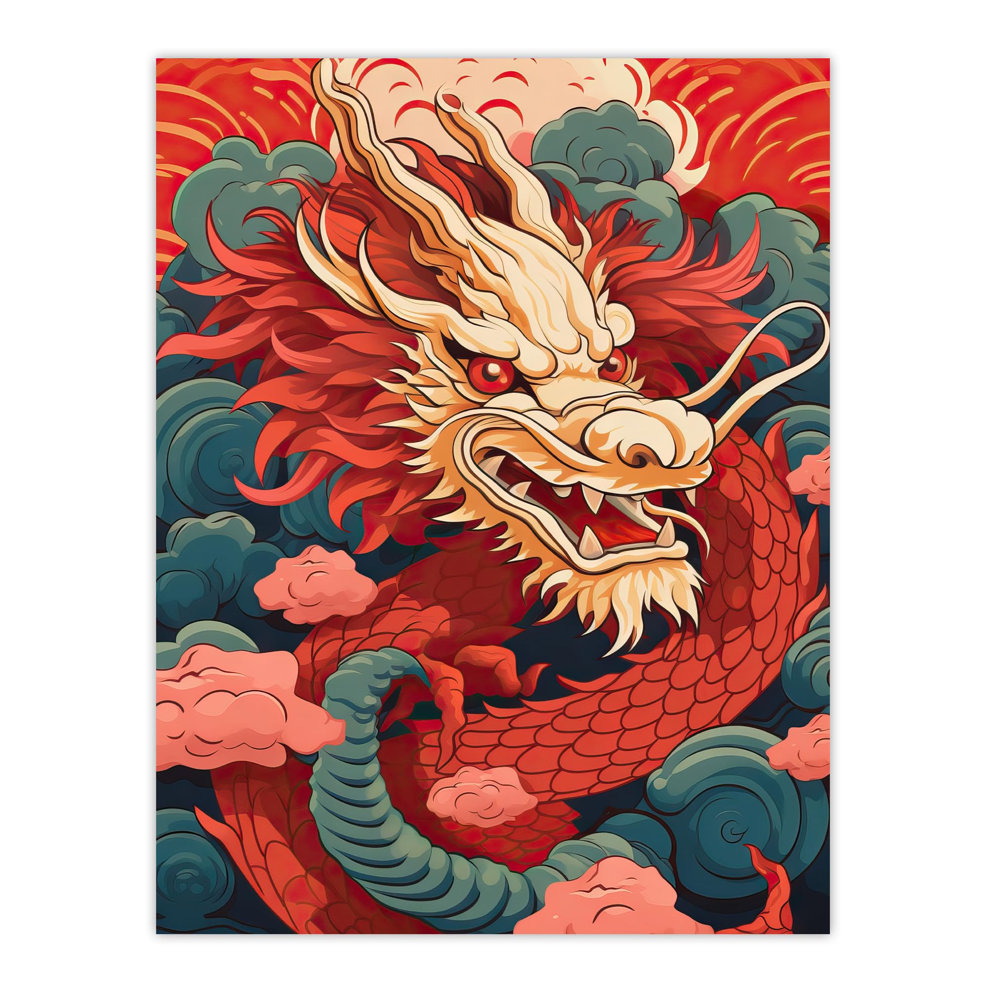 Artery8 Fantasy Dragon Red Blue Ornate Mythical 2024 Chinese Year Of The Dragon Large Wall Art Poster Print Thick Paper 18X24 Inch