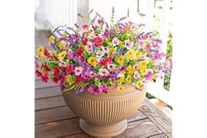Ivydale Artificial Faux Outdoor Plants Flowers for Summer Outside Decoration, 14 Bundles Fake Silk Realistic UV Sun Resistant Colorful Mixed Daisy Lavender for Porch Patio Garden Home Decor