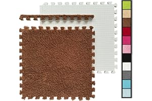 HUIDUO 12 Pcs Shaggy Interlocking Foam Carpet Tiles - 12" x 12", 12 Sq,Ft Kids Carpet Squares Protective Floor Mats Crawling Exercise Area Rugs for Children Room, Home or Classroom Use, Coffee