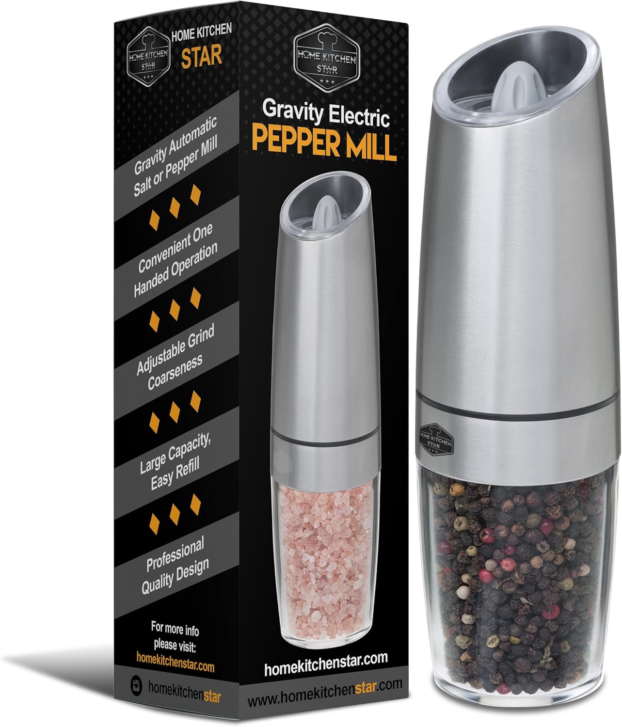 Gravity Electric Salt Pepper Grinder - Automatic Battery Powered, Adjustable Grind Coarseness, Blue LED Light, Great Mother’s Day Gift, Premium Quality Electronic Black Pepper Mill (Stainless Steel)