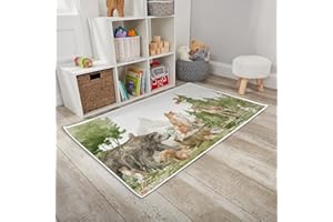 HawSkgFub Baby Toddler Boy Girl Woodland Forest Animals Playroom Area Rug, Wood Bear Fox Deer Squirrel Non Slip Nursery Play Mat Carpet, Neutral Kids Bedroom Living Room Fall Pine Tree Decor