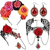 Suncalla 4 Pcs Day of The Dead Costume Accessories Kit for Women Mexican Rose Flower Crown Headband Black Lace Gothic Choker Necklace Bracelet Earrings for Halloween Dia De Los Muertos Costume Party