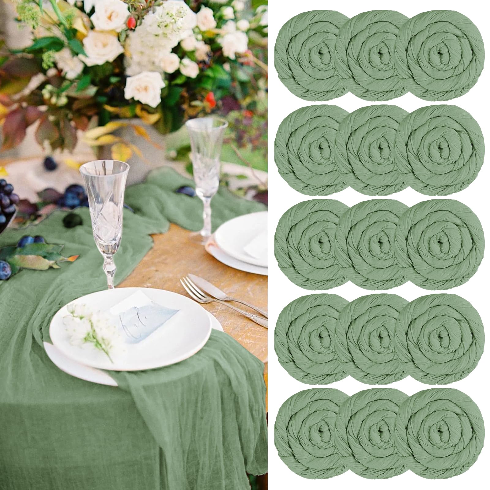 15 Packs Cheesecloth Table Runner Sage Green Semi-Sheer Table Runner 55x300cm, Green Rustic Gauze Boho Table Runner, Wedding Table Decor Table Cloth for Bridal Shower Party Wedding Holiday