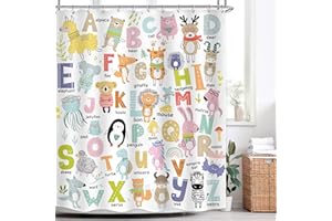 LGhtyro Kid ABC Alphabet Shower Curtain Bathroom Set 60Wx71H Inches Funny Cartoon Animal Cute Educational Learning Tool Colorful Bath Accessories for Child Baby Art Home Decor Fabric 12 Pack Hooks