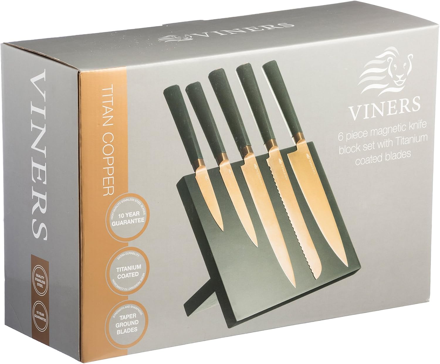 Viners Titan Knife Block Set of 6 Pieces; 5 Kitchen Knives & Magnetic Knife Holder; Chef, Bread, Carving - Image 3
