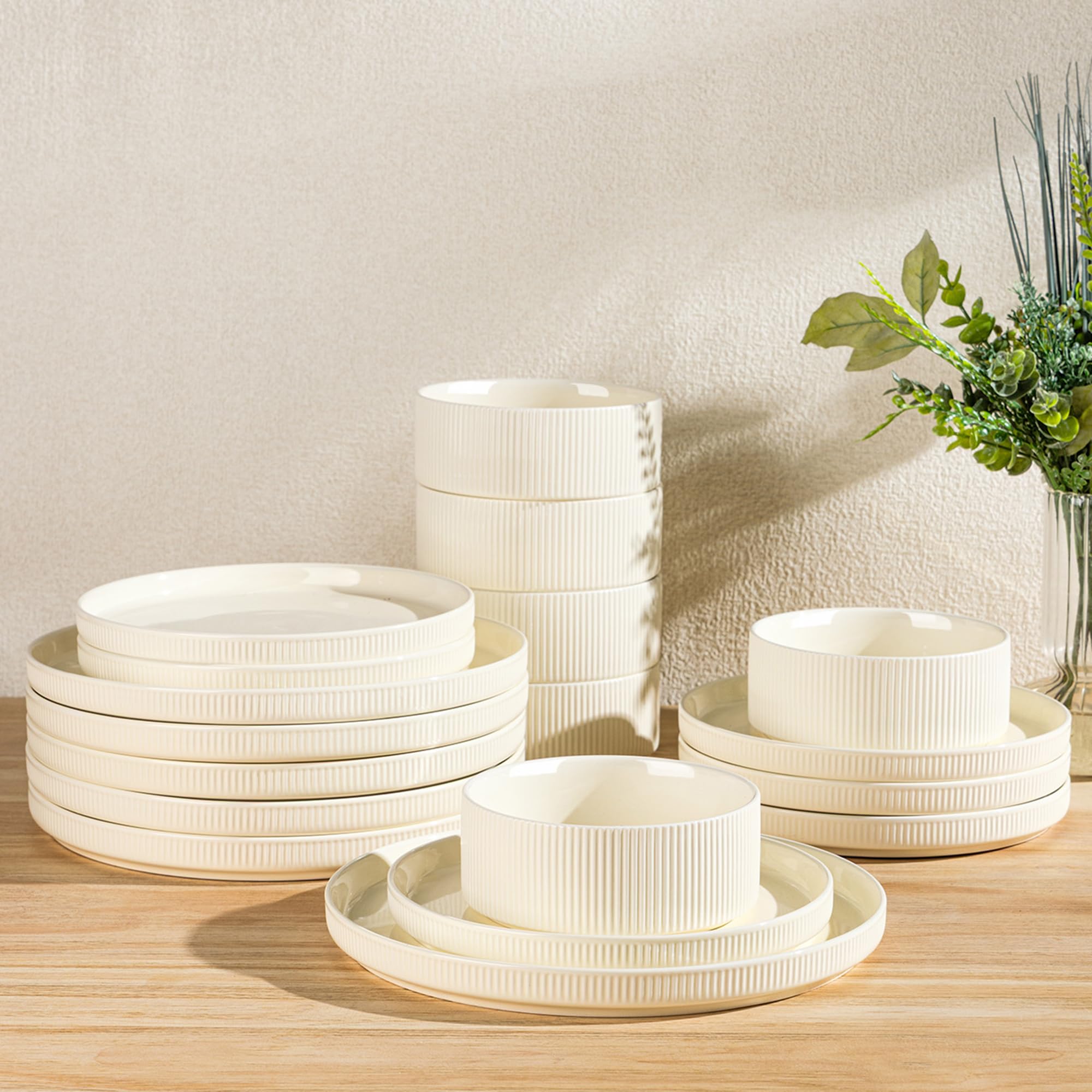 View 1 of TheTerra Ceramic Dinnerware Sets for 6, 18 Pieces Porcelain Lightweight Plates and Bowls Sets, Scratch Resistant Dish Set, Oven & Microwave & Dishwasher Safe, Beige