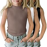 LessonZoo 3 Pack Girls Mock Neck Tank Tops Ribbed Turtleneck Slim Fit Lettuce Trim Tops Casual Sleeveless Basic Undershirts