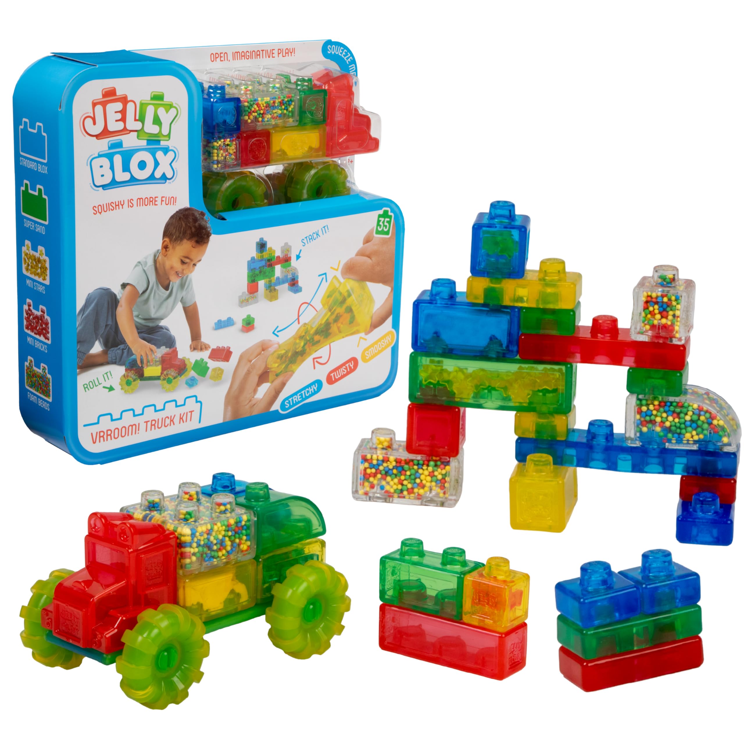 Goliath Jelly Blox Vrroom! Truck Kit | Includes 35 Blocks | Toddler & Preschool Building Blocks Kids Can Squeeze, Stretch, Squish | MESH ACCREDITED | Safety Tested Ouch-Free | Sensory Play Toy Ages 2+ Image