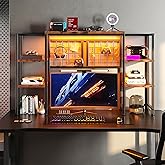 REIBII 5-Tier Desk Shelf with LED for Home Office Dorm, Rustic Brown | Students &amp; Remote Workers, Wood &amp; Steel, Holds 88 Lbs, Adjustable Shelves &amp; Grid Panel With 4 Hooks