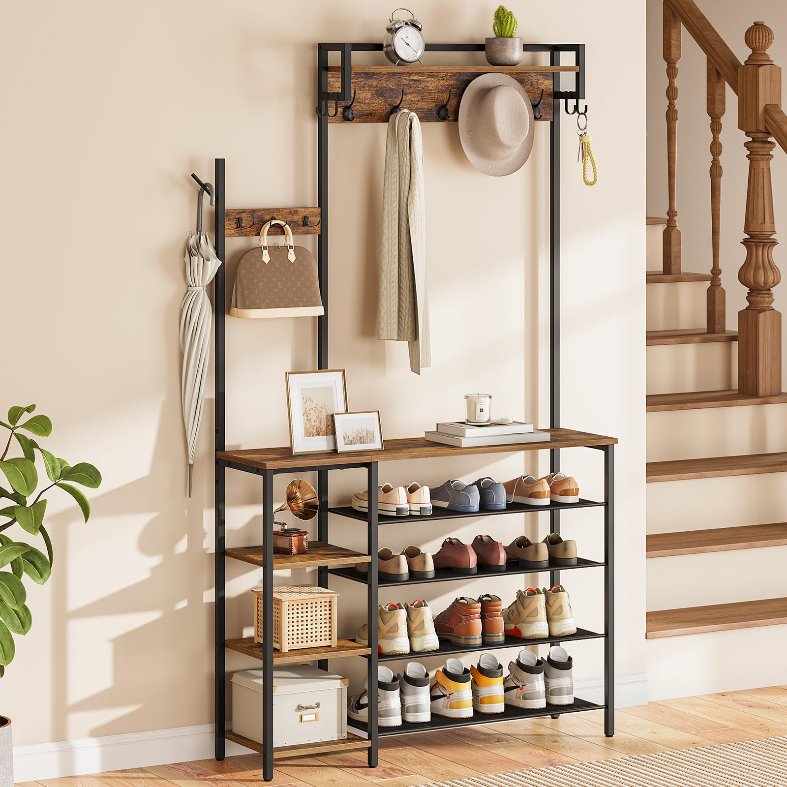 Photo 1 of HOOBRO Hall Tree with Bench and Shoe Storage, Entryway Bench with Coat Rack, Shoe and Coat Rack for Entryway, Coat Rack with Shoe Storage and Reversible Storage Shelves, Rustic Brown BF105MT01