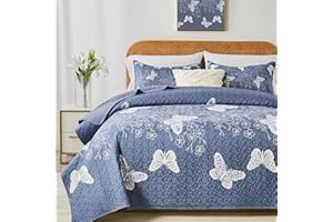 Yogeneg King Size Quilt Set,White Butterfly Botanical Pattern Blush Grey Bedding Set,3 Piece Lightweight Soft Summer Bedspread Coverlet with 2 PIillow Sham for All Season(Butterfly,110"x96")