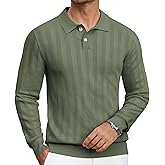 Mens Knit Polo Shirt Regualr Fit Lightweight Soft Casual Long Sleeve Striped Golf Polo Shirts