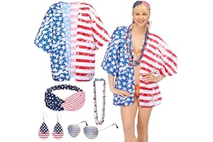 Yahenda 10 Pcs 4th of July Costumes for Women American Flag Cover up Patriotic Kimono Red White Blue Cape Swimwear Independence Day Earrings Headband Sunglasses Dangle Beads Necklace Accessories