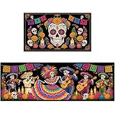 Day of the Dead Kitchen Rugs Set of 2, Sugar Skull Floral Kitchen Mats | Soft Velvet Surface, Thin Profile, Machine Washable, Includes 8 Rug Corner Grippers, 16 x 28 & 16 x 47 Inch