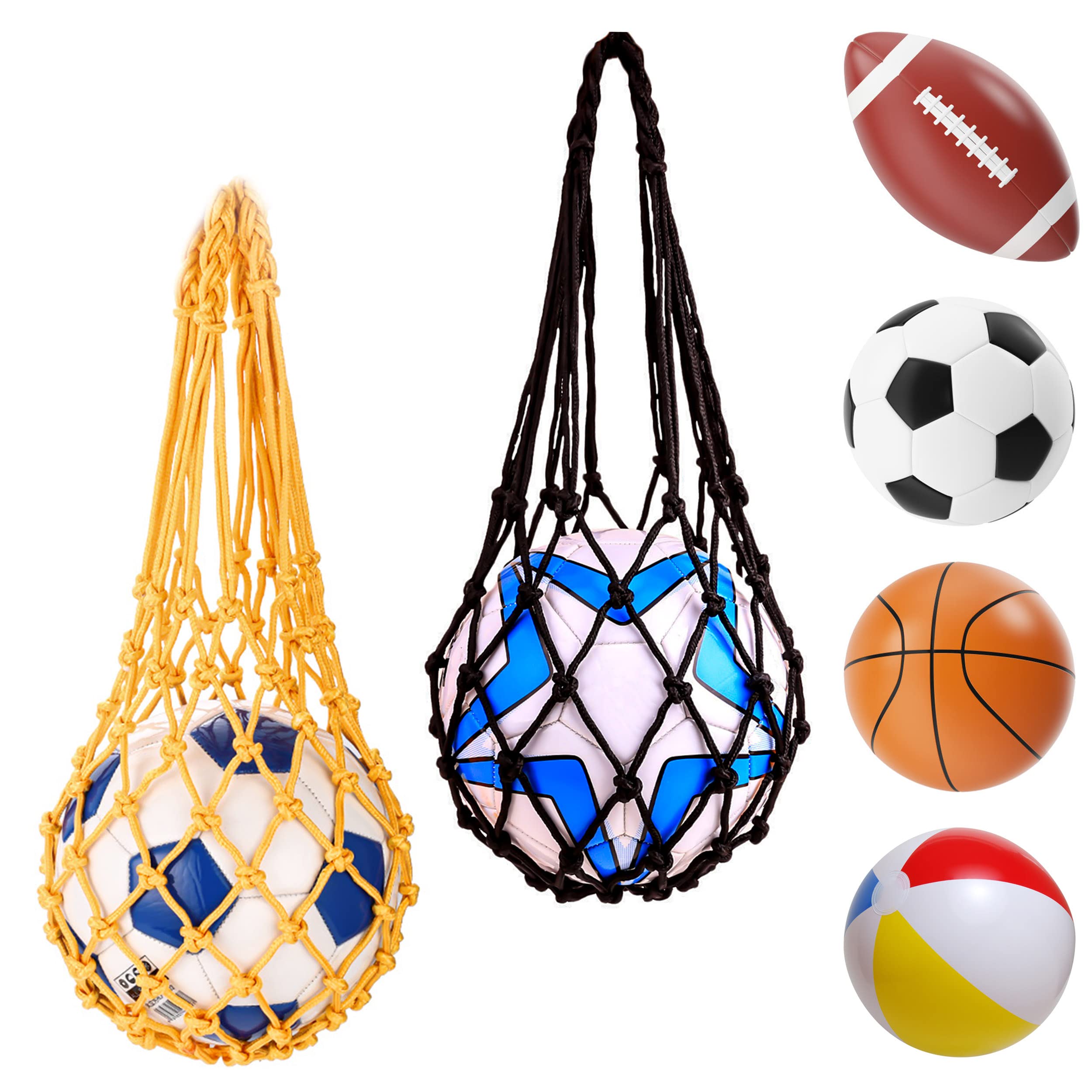 Basketball Net Bag Soccer Football Mesh Storage Sports Ball Holder Nylon Carry Bag Durable Single Ball Carrier, 2 Pack, Black & Yellow