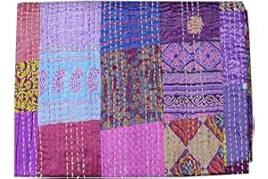 Rajasthaniartdecor Indian Handmade Vintage Silk Sari Patola Ethnic Reversible Blanket Bedspread Throw Stitch Patchwork Kantha Quilt (Purple, Super King 108x108 Inch)