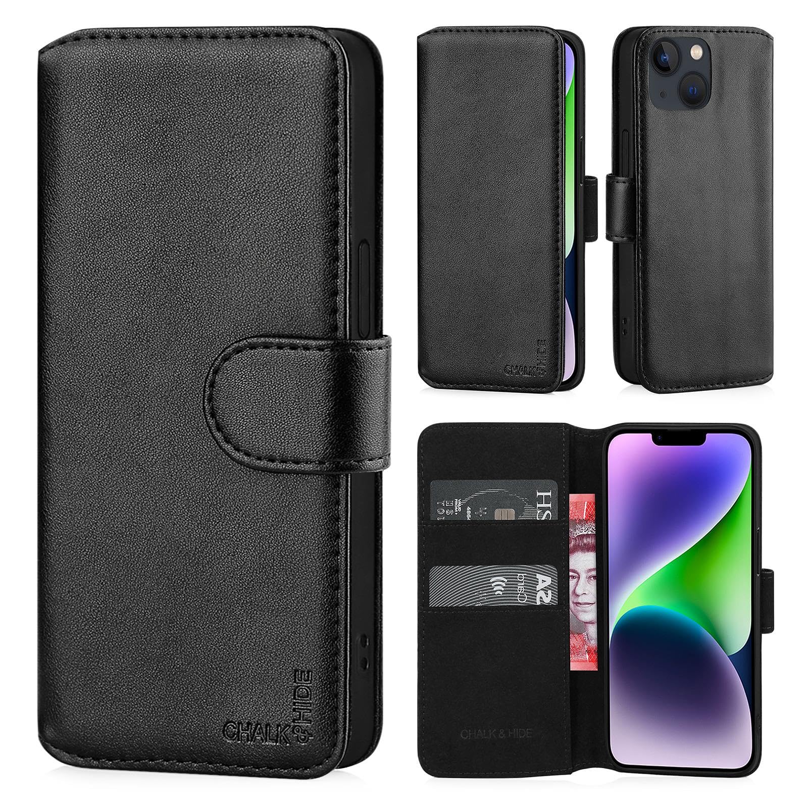 CHALK & HIDE Genuine Leather Wallet Case for iPhone 14 Plus (6.7") | RFID Blocking Card Slots, Magnetic Flip Cover, Kickstand | Premium Book-Style Protective Case - Black