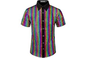 WULFUL Men's Disco Shirt Sequins Short Sleeve Button Down Shirts 70s Party Costume Dress Shirts
