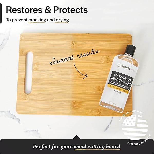 THIRTEEN CHEFS MINERAL OIL – 12OZ FOOD GRADE CONDITIONER FOR WOOD CUTTING BOARD, COUNTERTOP & BUTCHER BLOCK, LUBRICANT FOR KNIFE OR MEAT GRINDER – SAFE USP FINISH ON MARBLE, SOAPSTONE