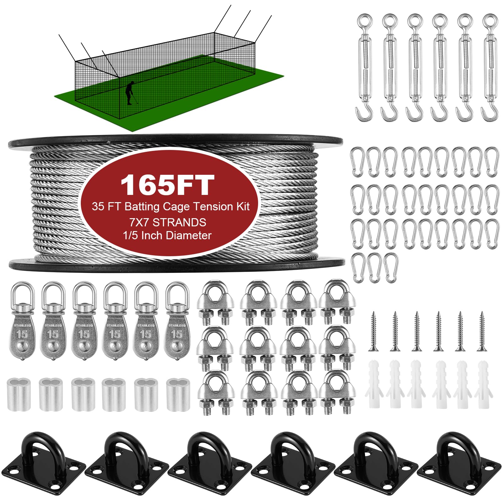 Photo 1 of RIIFRILY Batting Cage Netting Wire Tension Kit Retractable Batting Cage Cable Kit Suspension, DIY Batting Cage Indoor and Backyard Design, Batting Cage Frame Kit ?35FT?