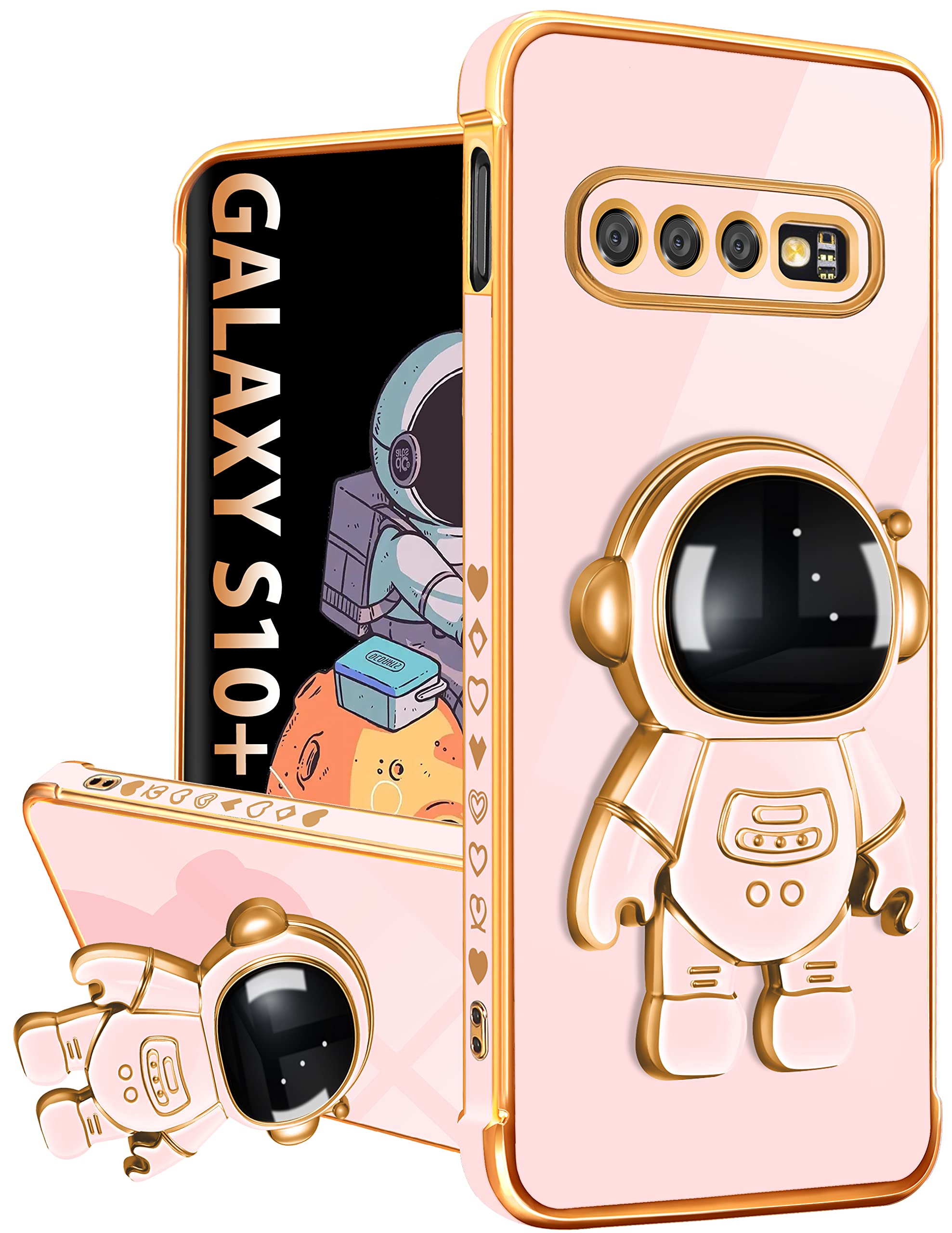 Photo 1 of Buleens for Samsung Galaxy S10 Plus Case with Astronaut Stand, Women Girls for Galaxy S10 Plus Cases, Girly Cute 6D Outer Space Heart Pattern Phone Cover for Samsung S10+ 6.4 Inch