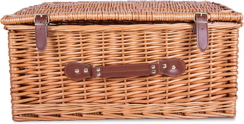Wickerfield Large Honey Wicker Gift Basket with Lid & Handle - Picnic Hamper
