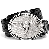 SANSTHS Western Belt Cowboy Belts for Men Women, Western Leather Belts Bull Buckle Belt Embossed Leather Belt for Jeans