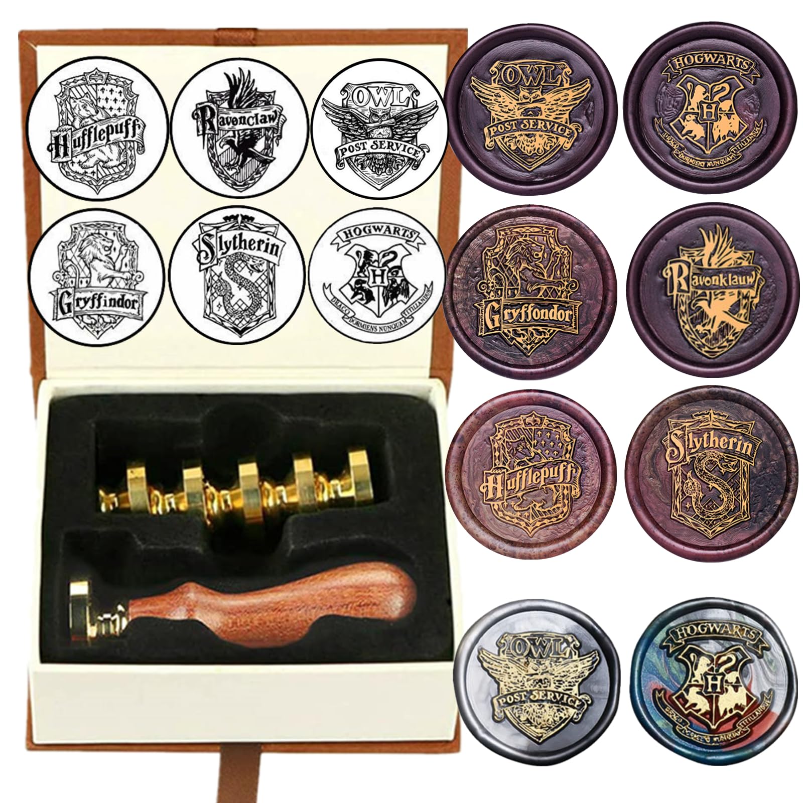 Wax Seal Stamp Set Owl, Atopbb 6 Pcs Hogwarts Sealing Waxs Stamps Copper Seals + 1 Pcs Wooden Handle, Retro Hogwarts Wax Seal Stamp Kit Gift Box for Christmas and Hog Themed Party (1#1)