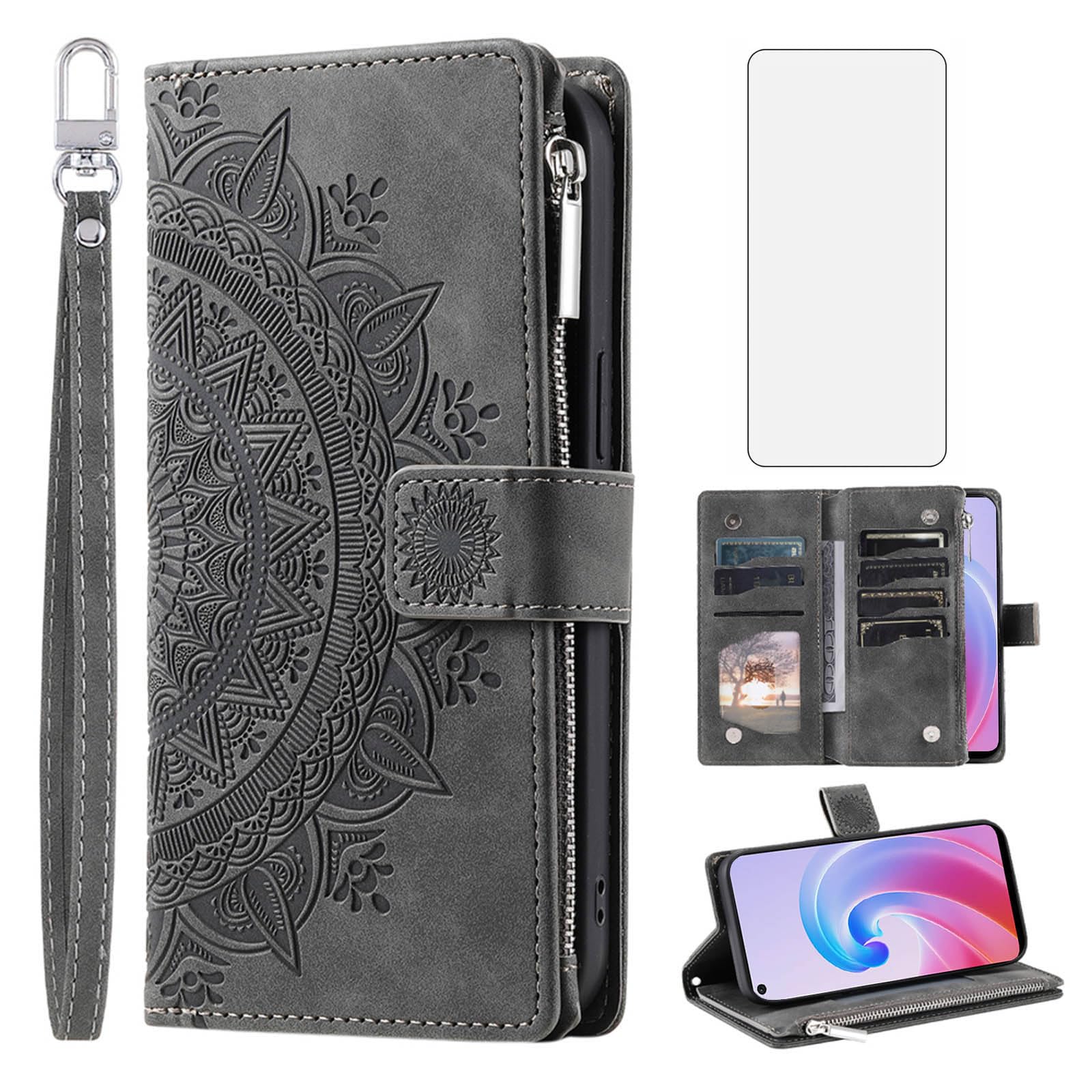 Phone Case for OPPO Realme 9i 4G/A76 4G/A96 4G/A36 4G Wallet Cover With Tempered Glass Screen Protector and Wrist Strap Mandala Flower Leather Flip Zipper Credit Card Holder Stand Cell Women Grey