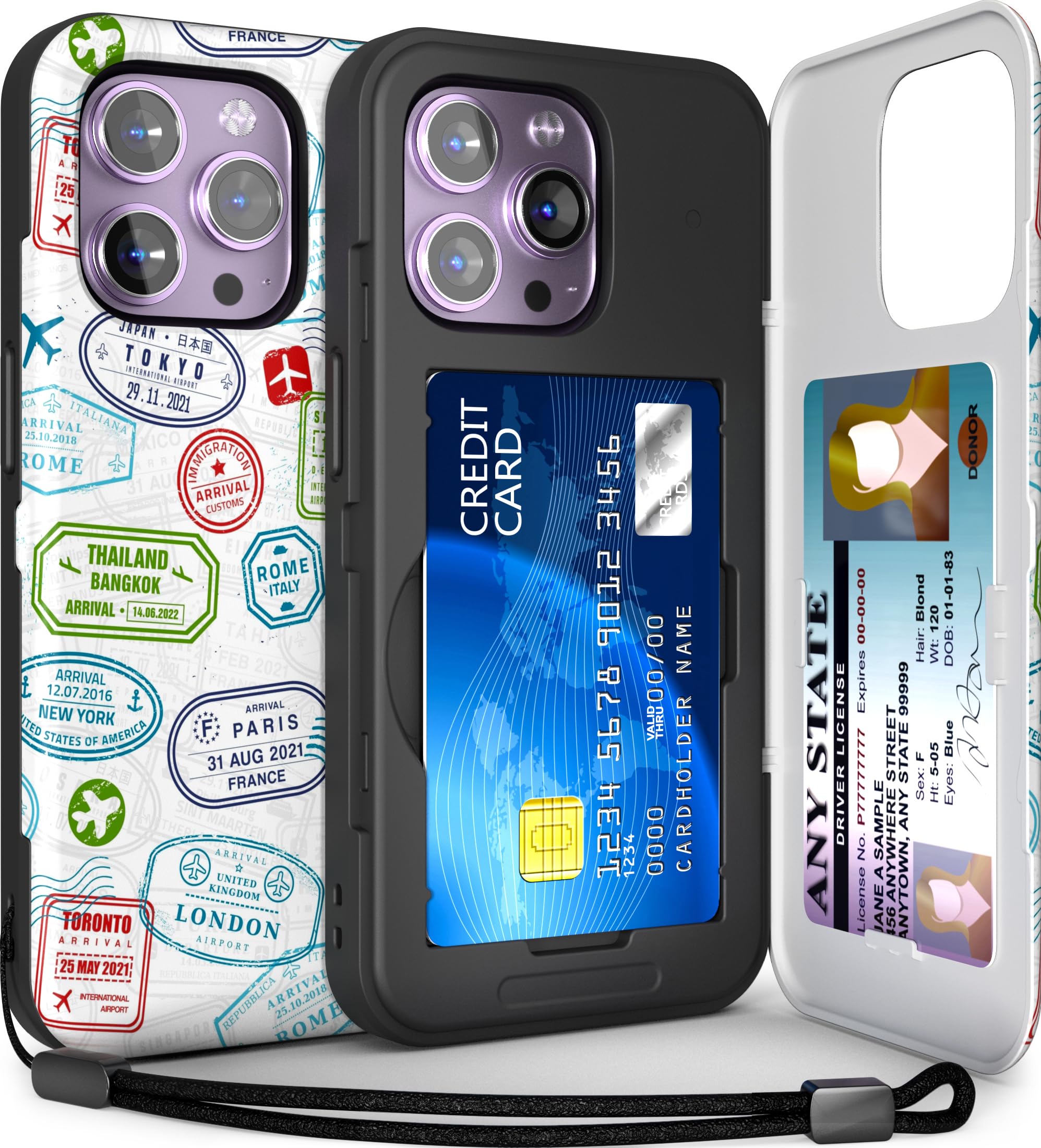 TORU for iPhone 14 Pro Max Wallet Case with Card Holder, Hidden ID Credit Card Slot Flip Kickstand, Slim Fit Shockproof Heavy Duty Phone Cover with Strap - Travel Stamps Pattern