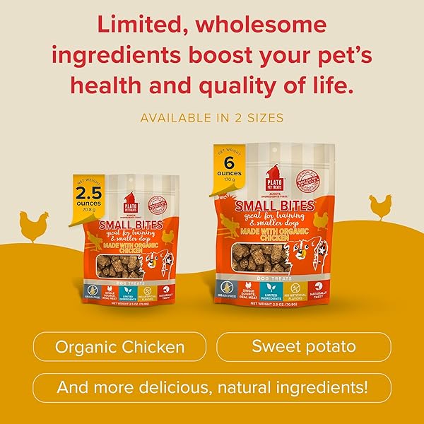 PLATO SMALL BITES NATURAL TRAINING DOG TREATS – REAL MEAT – GRAIN FREE – MADE IN THE USA – ORGANIC CHICKEN FLAVOR, 6 OUNCES