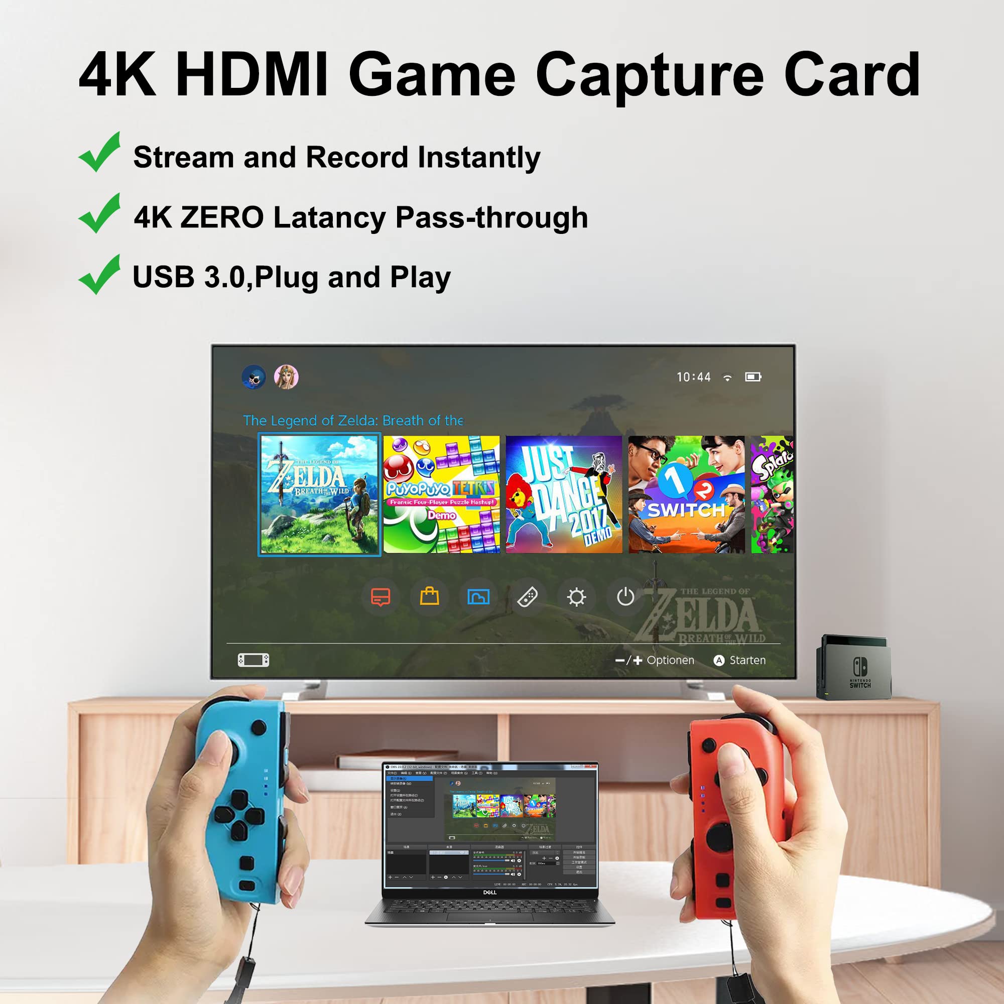 4K HDMI Capture Card for Streaming, Full HD 1080P 60FPS USB Cam Link Game Audio Video Capture Card Nintendo Switch/PS5/3ds/Xbox/PS4 (Black)