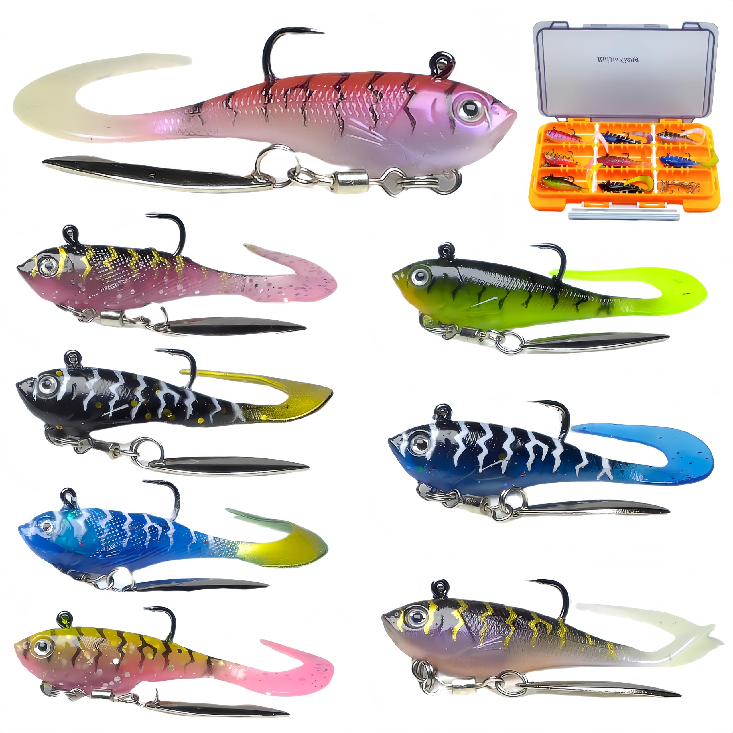 RuiJiaXiang 8g 6cm 8pcs Paddle Tail Swimbait Set - Pre-Rigged Jig Heads, Soft Plastic Artificial Fishing Lures for Saltwater and Freshwater