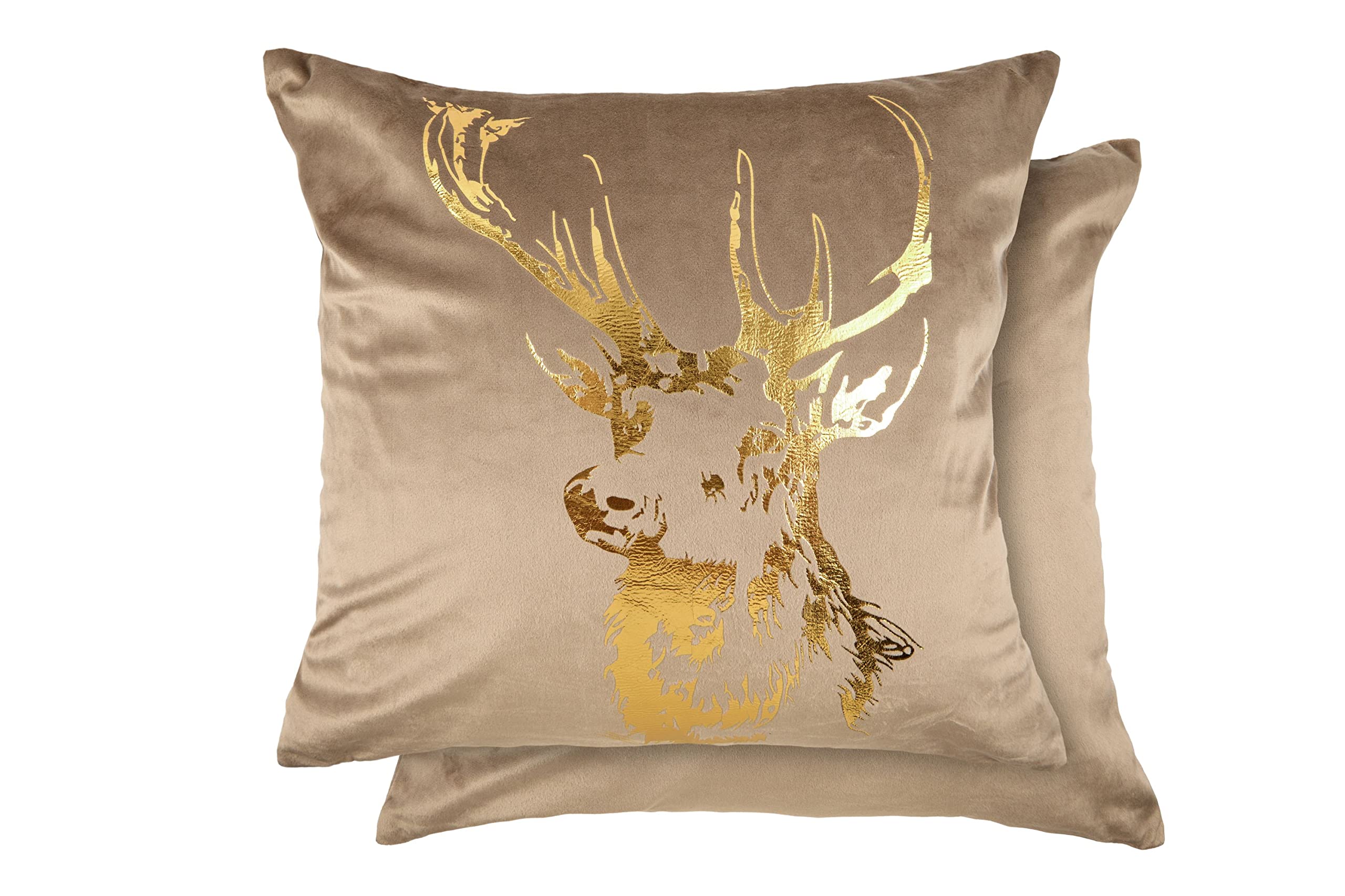 Emma Barclay Velvet Stag - Soft Plush Velvet Cushion Cover with Foil Print in Taupe - 17x17 (43x43cm)