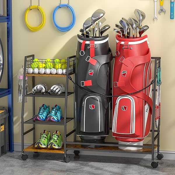 GOLF BAG STORAGE RACK FOR GARAGE WITH WHEELS, ORGANIZER FOR 2 GOLF BAG AND EQUIPMENT ACCESSORIES, GOLF ORGANIZER STAND IDEAL FOR HOME, GARAGE, CLUB, SHED, BASEMENT – STURDY AND DURABLE (BLACK)
