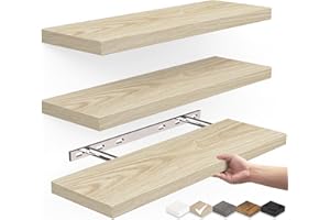 BAYKA Rustic Wood Floating Shelves, Wall Mounted, Set of 3, 16 Inch, 22 lbs Capacity - for Bathroom, Bedroom, Living Room, Kitchen Storage and Decor